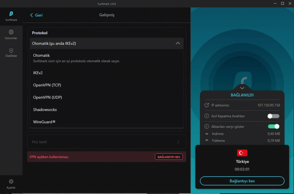 Surfshark destekli bağlantı protokolleri