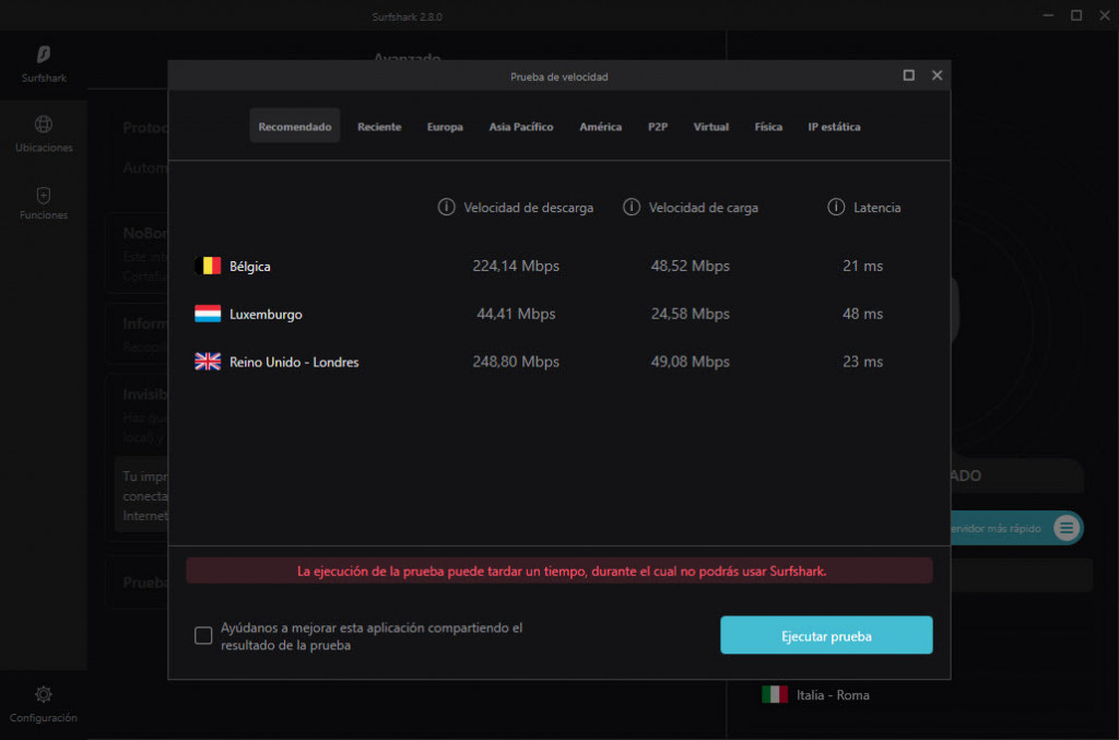 Prueba de velocidad de Surfshark en la aplicación