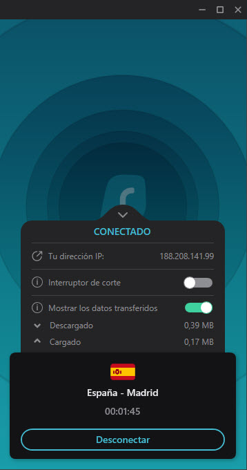 Vista compacta de Surfshark VPN