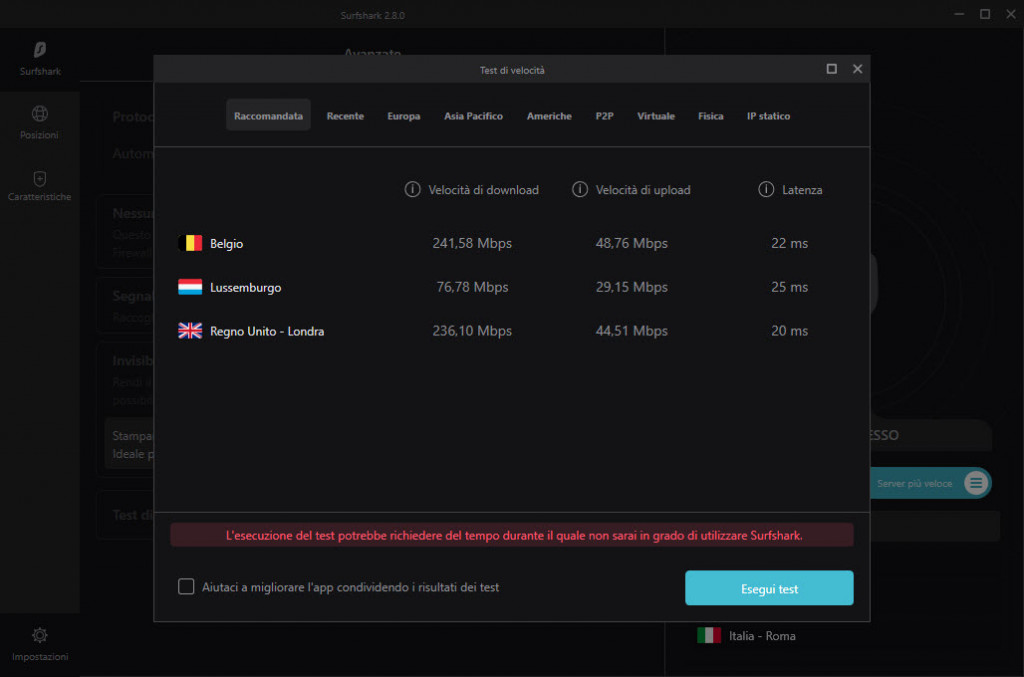 Test di velocità integrato in Surfshark