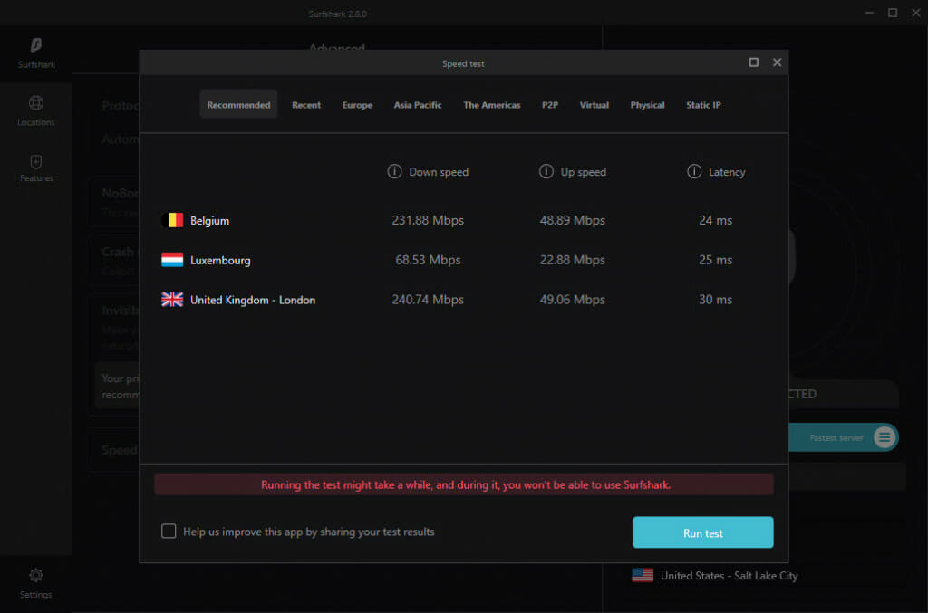Surfshark's built-in speedtest