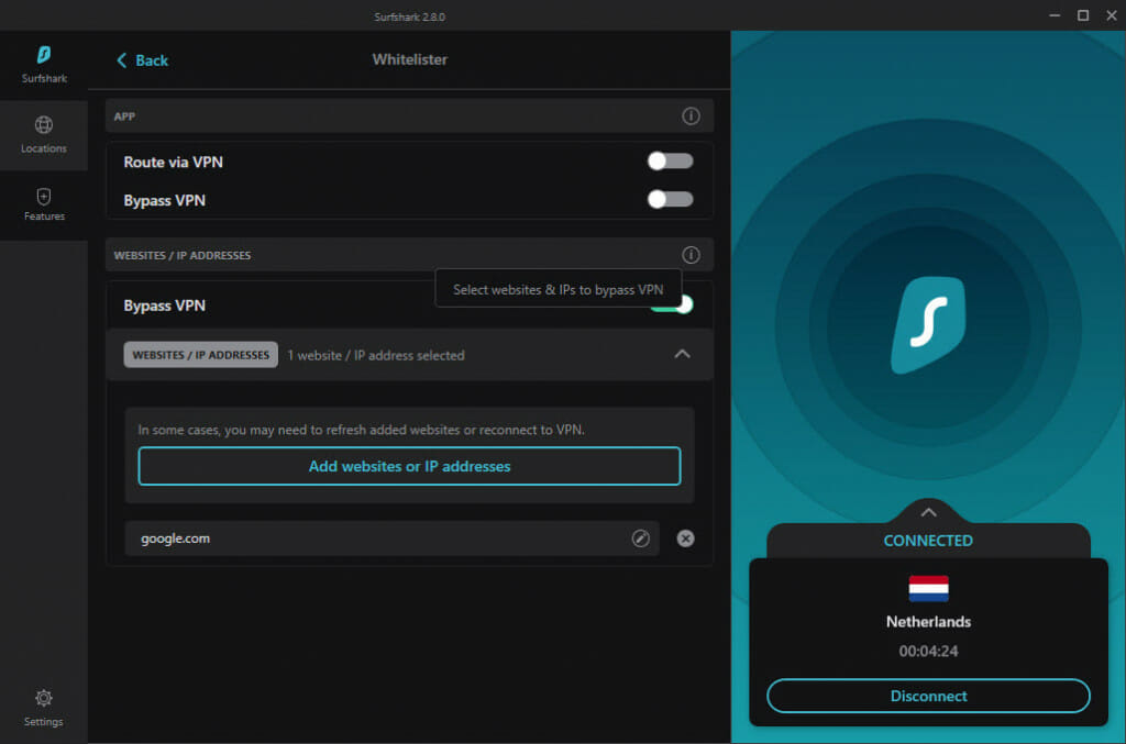 Surfshark WhiteLister split tunneling feature