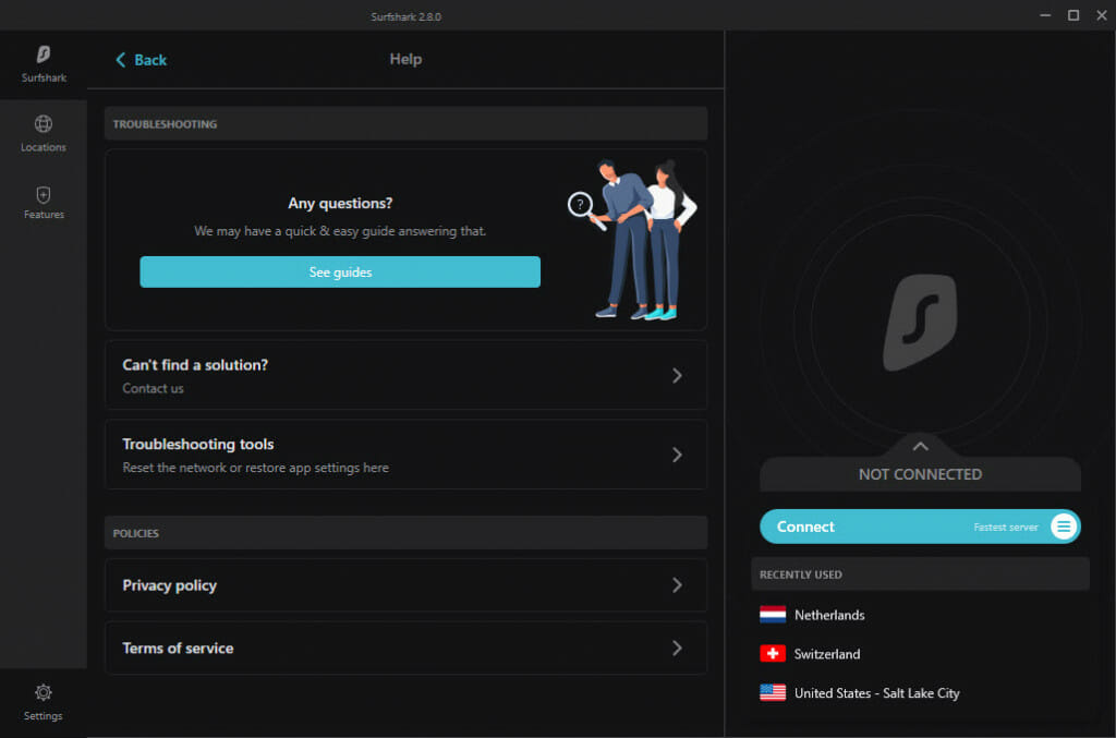 Surfshark in-app help