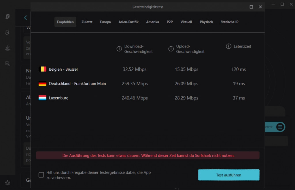 Surfshark integrierter Test der Servergeschwindigkeit