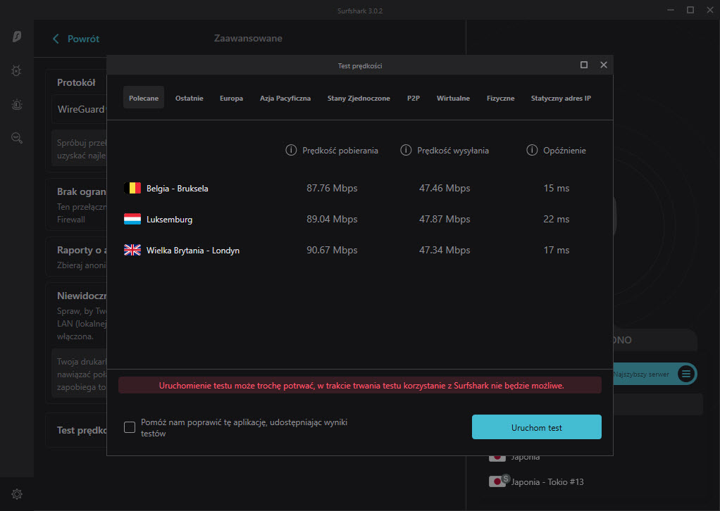 Test prędkości Surfshark w aplikacji