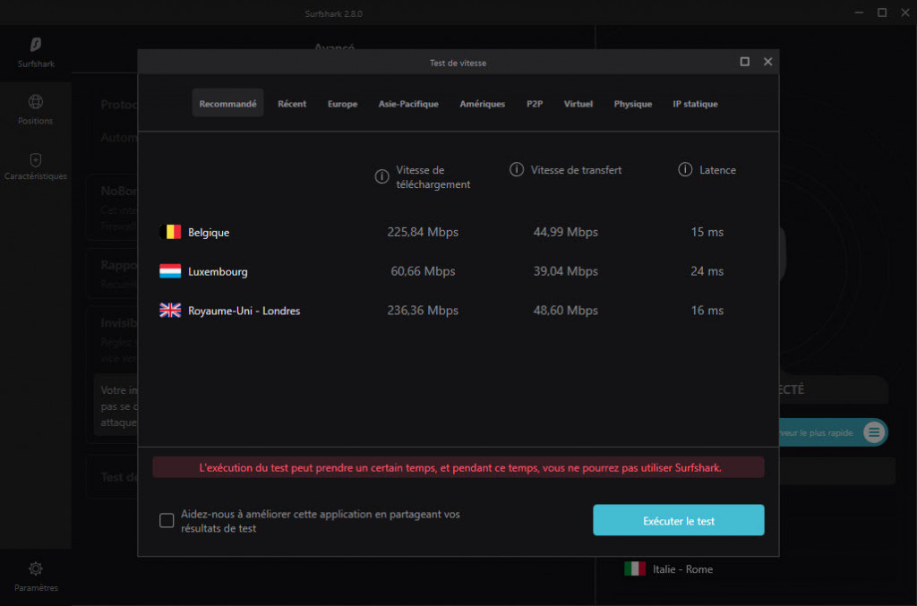 Test de vitesse in-app de Surfshark 