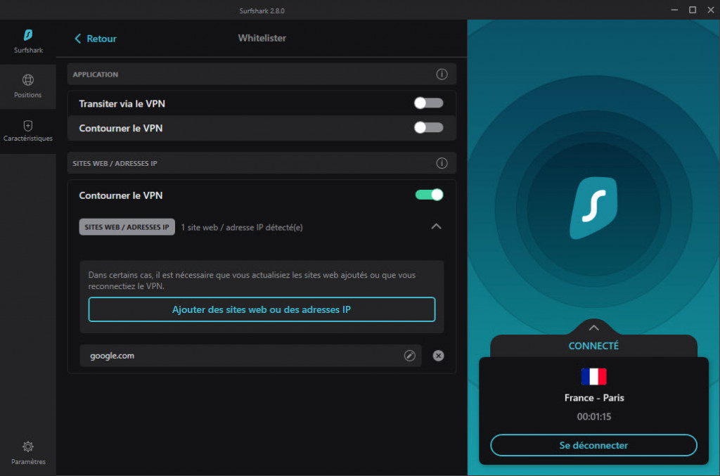 Options de WhiteLister de Surfshark