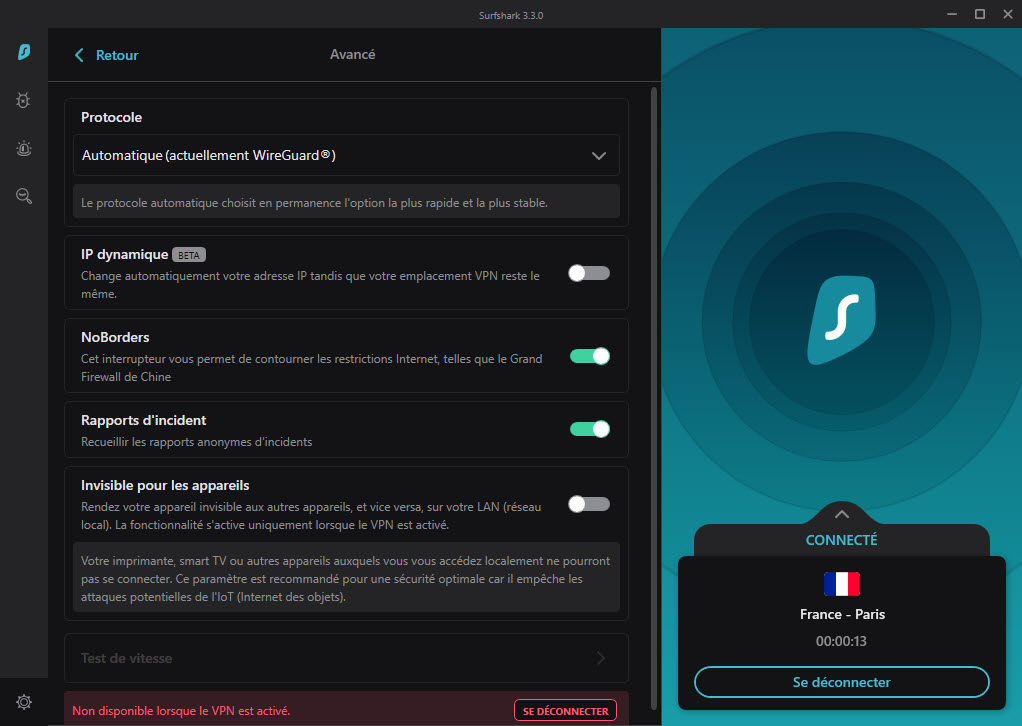 Menu des options avancées de Surfshark