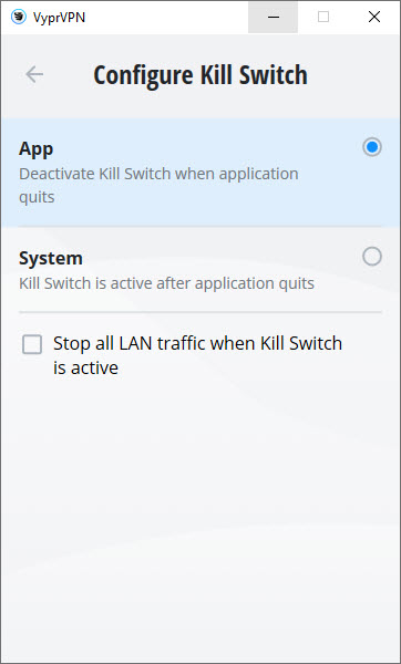 VyprVPN's kill switch configuration options