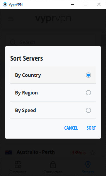 VyprVPN's server sorting