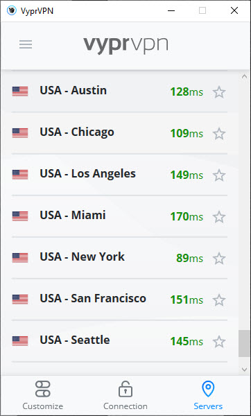 VyprVPN US servers with ping time