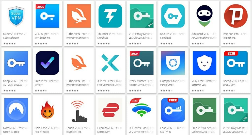 Lista dostawców VPN w Google Play Store